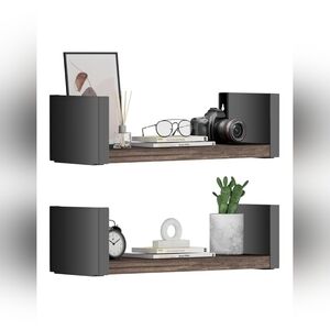 Rustic Floating Wall Shelves Set of 2 | 16” Wood & Metal Hanging Shelves Brown